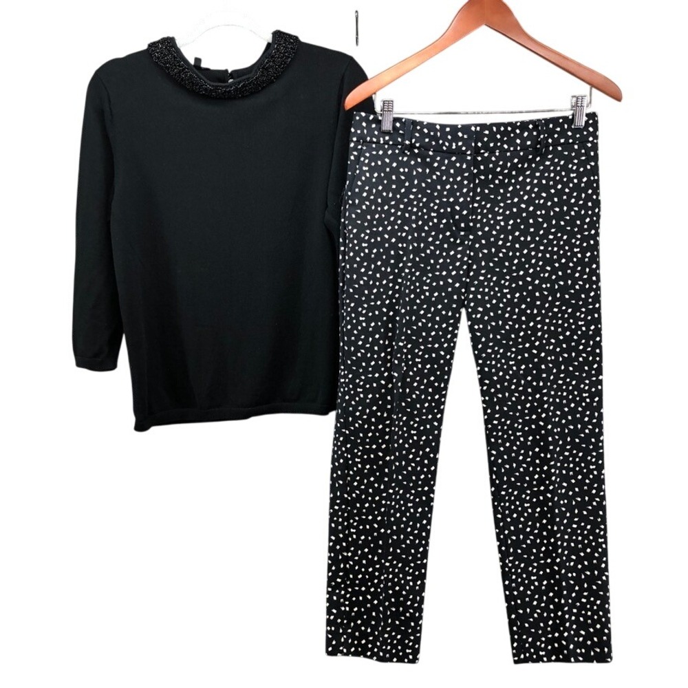 Talbots Sweater and Trouser Pants Set Womens L 8P Black White Beaded Patterned